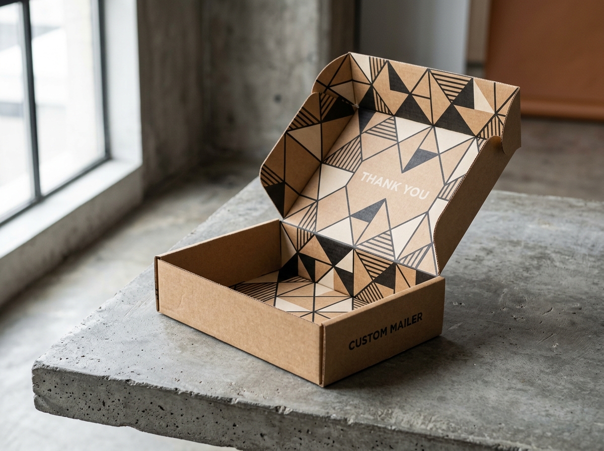 Custom printed kraft mailer box with inside pattern printing and precision die-cut folds