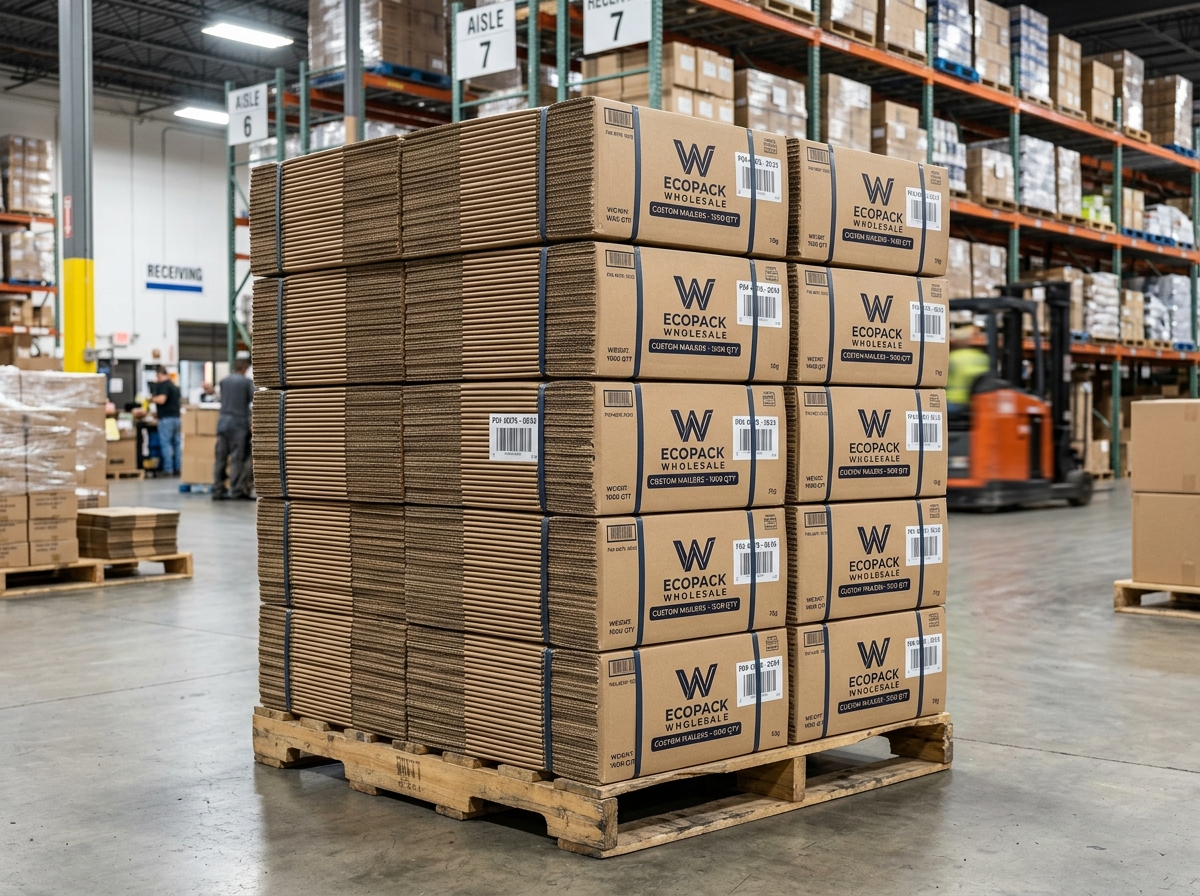 Bulk wholesale pallet shipment of custom printed corrugated mailer boxes